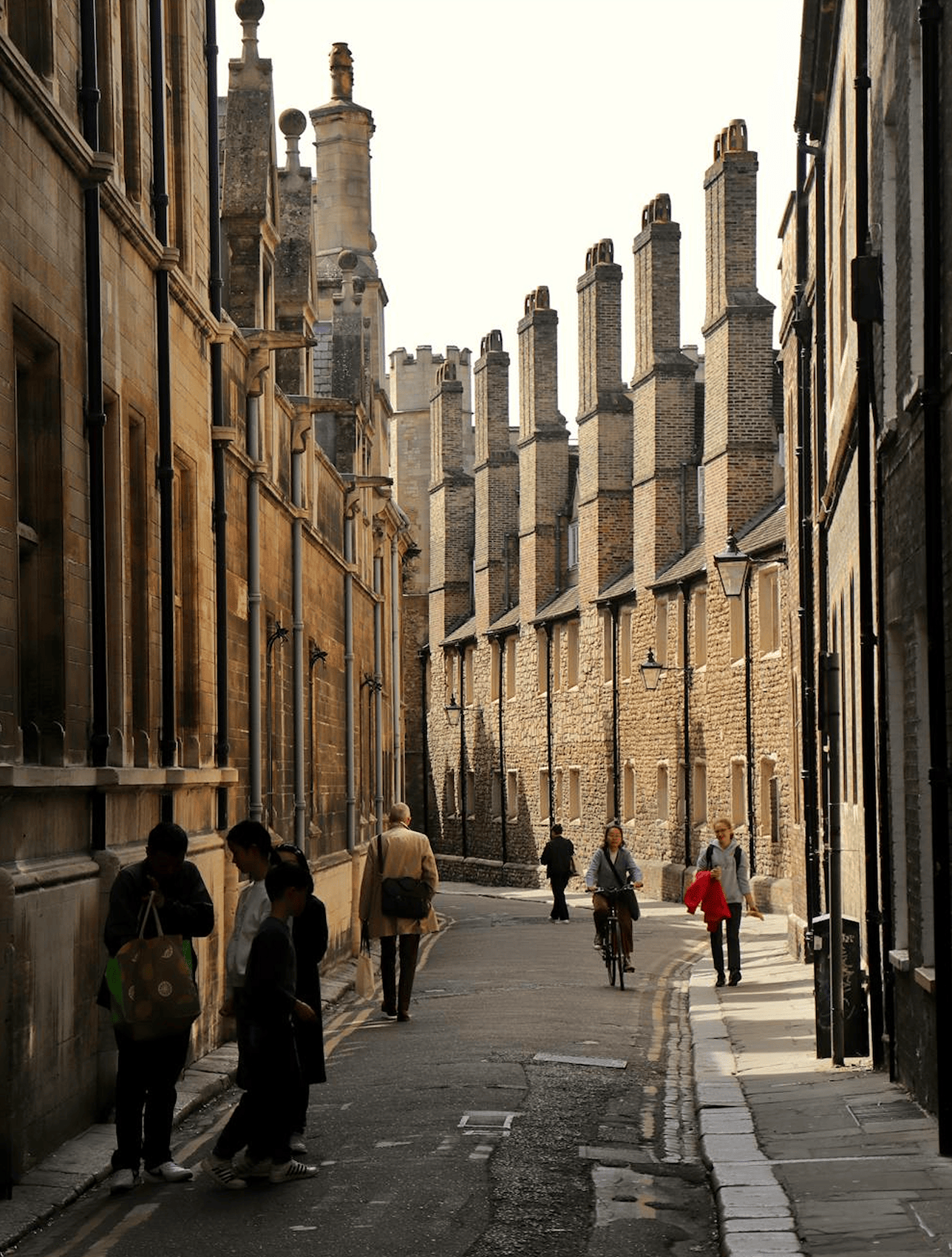 A narrow lane between the walls of two colleges